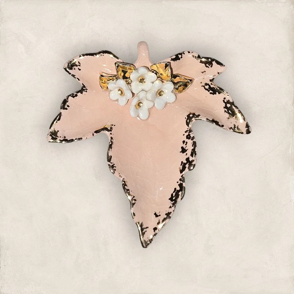 Vintage Ceramic‎ Stacking Pink & Gold Maple Leaf Nesting Trinket Set Small Minis